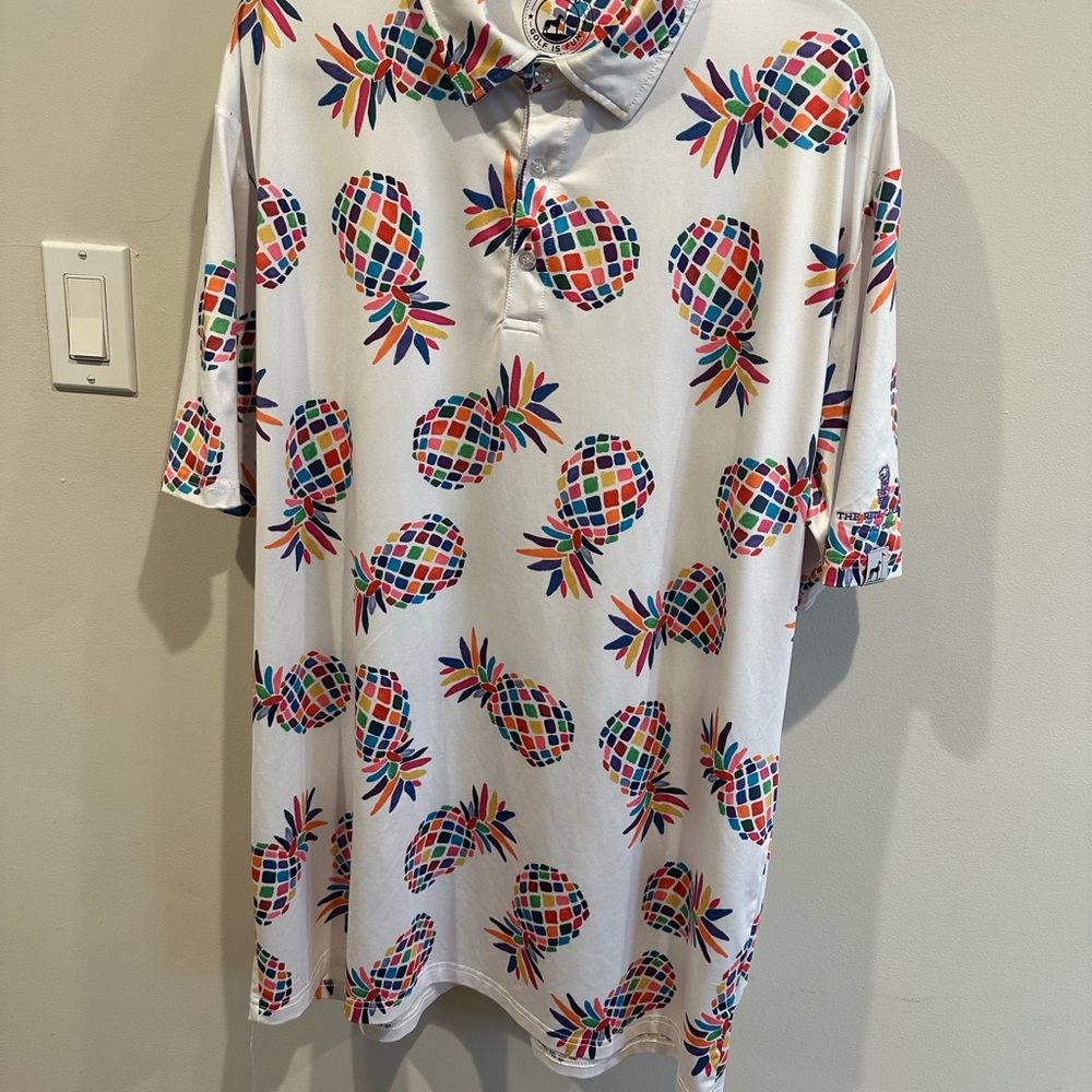Proud 90 Golf is Fun Polo Large White With Rainbow Pineapple Design Short Sleeve